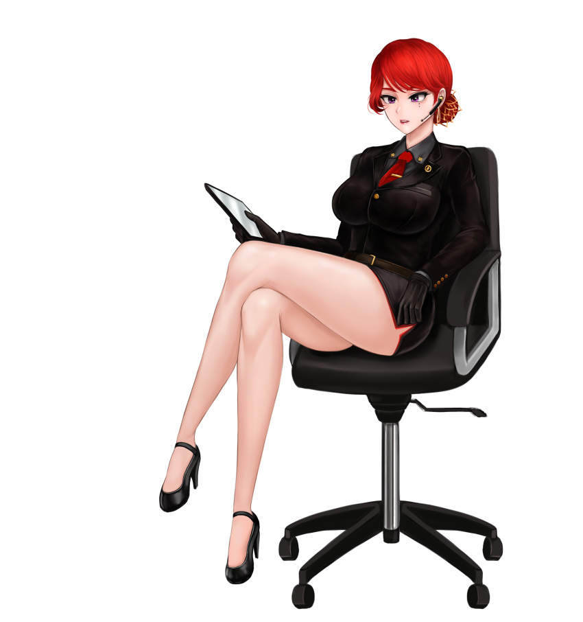 1girl 82jhin absurdres belt black_gloves black_skirt c-77_hongryeon chair crossed_legs gloves hair_bun highres last_origin miniskirt mole mole_under_eye necktie simple_background sitting skirt solo violet_eyes white_background