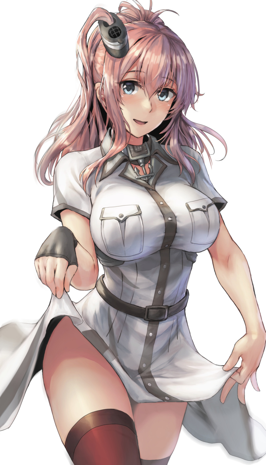 1girl :d belt belt_buckle black_belt black_gloves blue_eyes breast_pocket breasts brown_hair buckle buttons cowboy_shot dress eyebrows_visible_through_hair fingerless_gloves gloves hair_between_eyes highres kantai_collection kokuzou large_breasts long_hair open_mouth pocket red_legwear remodel_(kantai_collection) saratoga_(kantai_collection) short_sleeves side_ponytail simple_background smile solo thigh-highs white_background white_dress