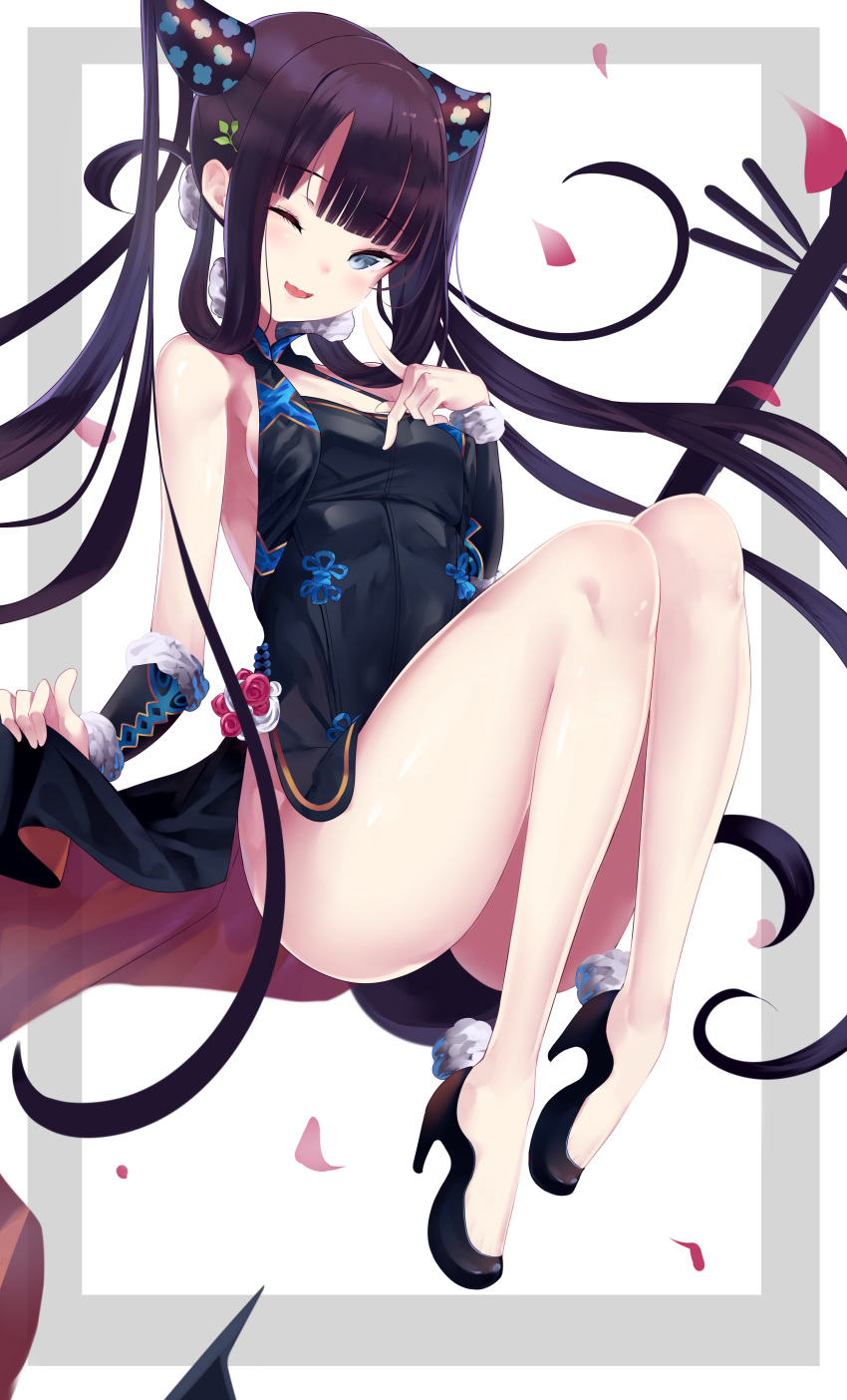 1girl absurdres artist_request bangs bare_shoulders black_dress black_footwear blue_eyes blunt_bangs blush breasts china_dress chinese_clothes detached_sleeves dress fate/grand_order fate_(series) hair_ornament high_heels highres knees_up leaf_hair_ornament legs long_hair looking_at_viewer medium_breasts one_eye_closed open_mouth pipa_(instrument) purple_hair side_slit sidelocks smile twintails very_long_hair yang_guifei_(fate/grand_order)