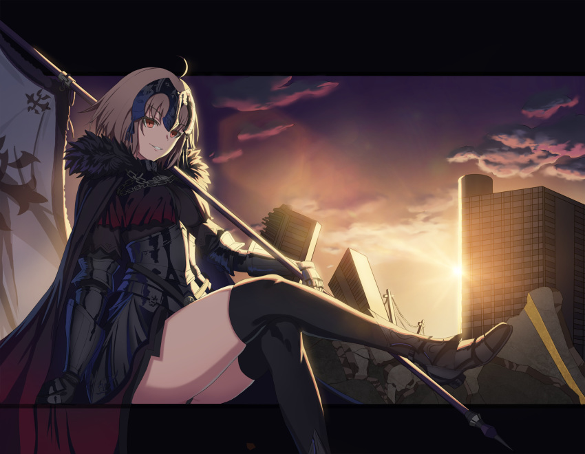 1girl armor armored_dress bangs banner black_dress black_legwear crossed_legs dress eyebrows_visible_through_hair fate/grand_order fate_(series) faulds gauntlets grin hair_between_eyes headpiece highres holding jeanne_d'arc_(alter)_(fate) jeanne_d'arc_(fate)_(all) looking_at_viewer monon red_eyes short_hair silver_hair sitting smile solo thigh-highs
