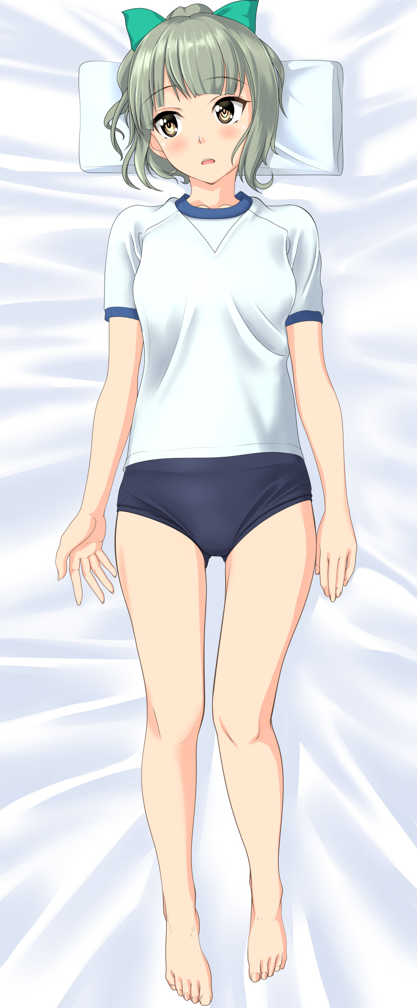 1girl absurdres barefoot bed blue_buruma bow buruma commentary_request dakimakura facing_viewer from_above full_body green_bow grey_hair gym_uniform hair_bow highres kantai_collection looking_to_the_side lying pillow ponytail shirt short_hair solo t-shirt takafumi white_shirt yuubari_(kantai_collection)