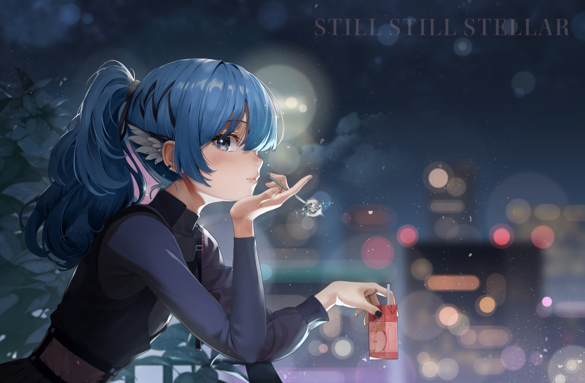 1girl absurdres apple_juice blue_eyes blue_hair blurry blurry_background candy cityscape food highres hololive hoshimachi_suisei juice_box lollipop long_hair long_sleeves looking_at_viewer looking_to_the_side night official_alternate_costume official_alternate_hairstyle ponytail profile solo star_(symbol) star_in_eye symbol_in_eye upper_body virtual_youtuber wnsghks221