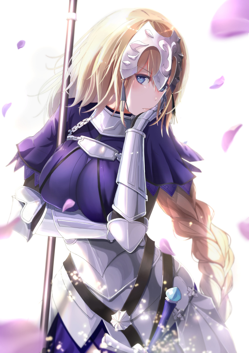 1girl absurdres armor armored_dress bangs blonde_hair blue_dress blue_eyes braid braided_ponytail closed_mouth cowboy_shot dress eyebrows_visible_through_hair fate/apocrypha fate_(series) faulds floating_hair gauntlets hair_between_eyes headpiece highres jeanne_d'arc_(fate) jeanne_d'arc_(fate)_(all) long_hair looking_at_viewer okay178 petals simple_background solo standing very_long_hair white_background