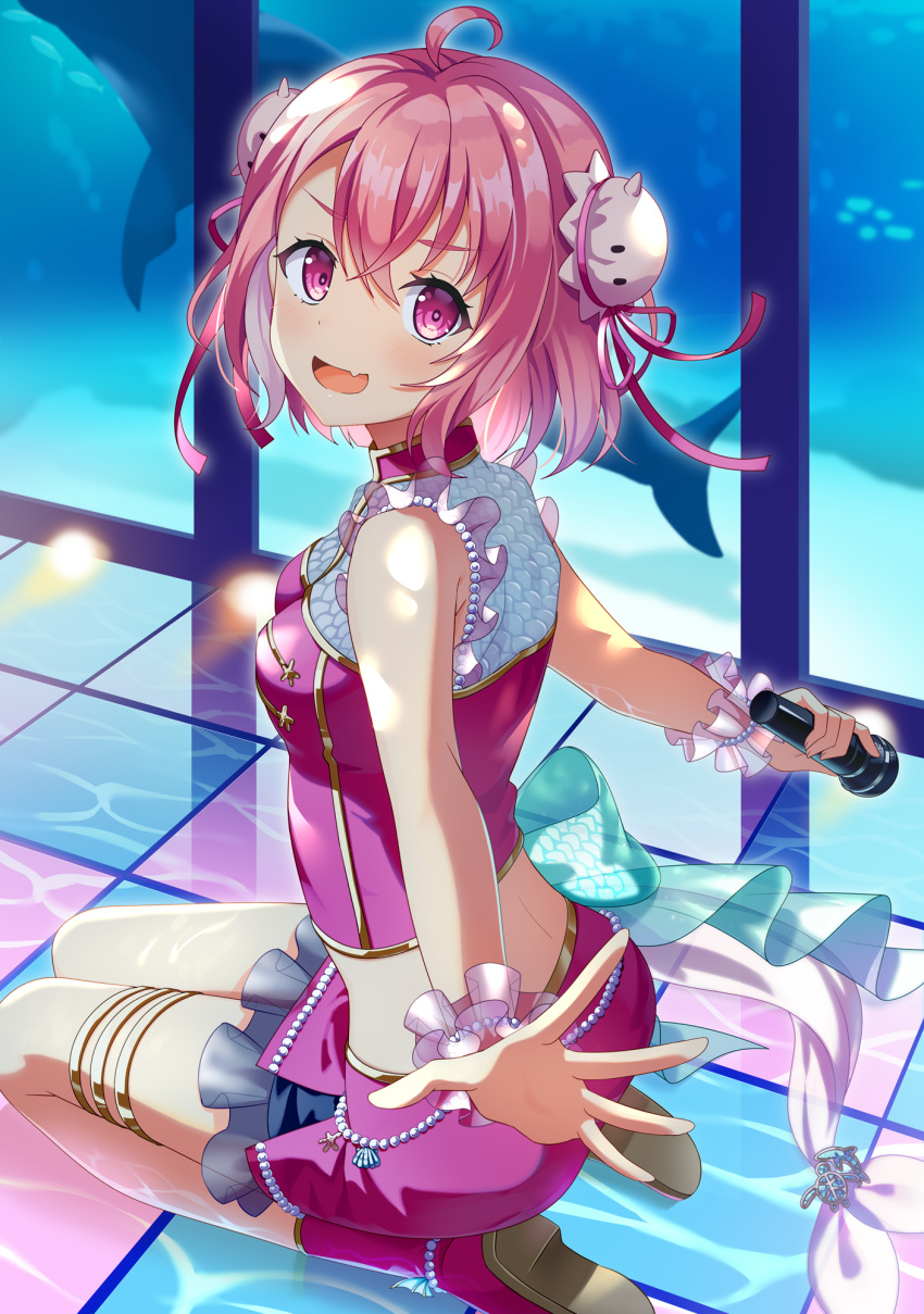 1girl :d ahoge bangs bare_shoulders boots bun_cover checkered checkered_floor dolphin double_bun eyebrows_visible_through_hair fang frilled_skirt frills from_side hair_between_eyes highres holding holding_microphone indoors looking_at_viewer looking_to_the_side microphone nijisanji open_mouth pink_hair purple_footwear purple_shirt purple_skirt sasaki_saku seiza shirt sitting skirt sleeveless sleeveless_shirt smile solo violet_eyes virtual_youtuber water window wrist_cuffs yuusa