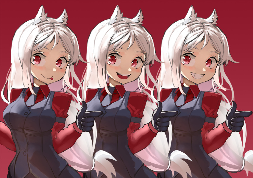 3girls :d animal_ears black_gloves black_neckwear black_suit black_vest blush breasts cerberus_(helltaker) collared_shirt demon_girl dog_ears dog_girl fang formal gloves helltaker long_hair looking_at_viewer low-tied_long_hair matching_outfit medium_breasts mg42cat-k1ng multiple_girls necktie neckwear open_mouth red_background red_eyes red_shirt shirt siblings silver_hair simple_background sisters smile standing suit tongue tongue_out triplets upper_body very_long_hair vest white_hair