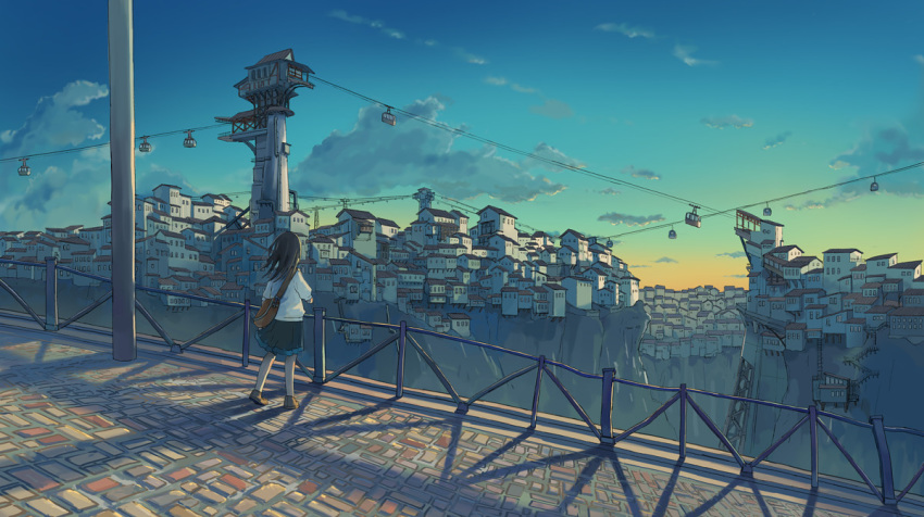 1girl black_hair cable_car cityscape clouds commentary long_hair looking_away original outdoors pleated_skirt railing scenery skirt sky solo tower wu_ba_pin