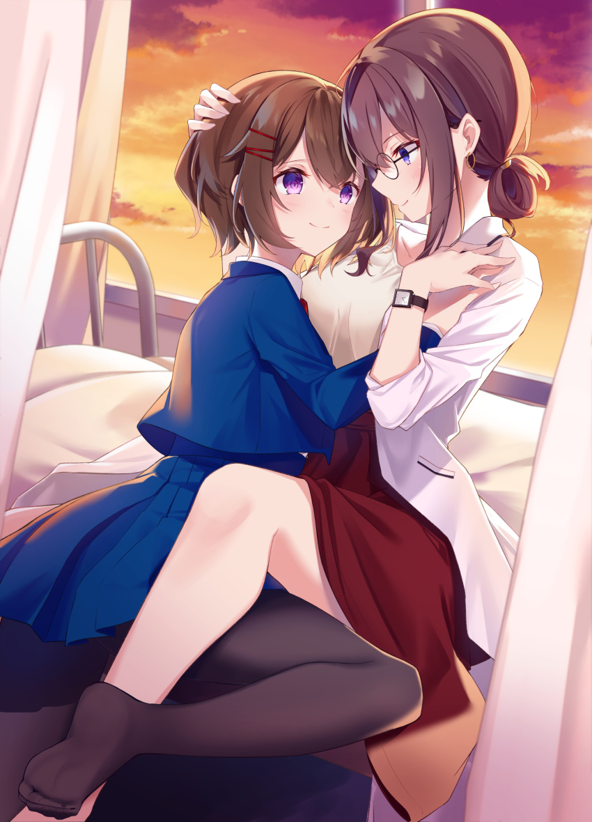 2girls age_difference bangs bed black-framed_eyewear black_legwear blazer blue_jacket blue_skirt blush breasts brown_hair closed_mouth curtains evening eye_contact eyebrows_visible_through_hair glasses hair_ornament hairclip hand_up highres indoors infirmary jacket kisaragi_yuri labcoat long_sleeves looking_at_another medium_breasts multiple_girls no_shoes open_blazer open_clothes open_jacket original pantyhose pleated_skirt profile red_skirt round_eyewear school_uniform shirt skirt smile soles sunset violet_eyes watch watch white_shirt window yuri