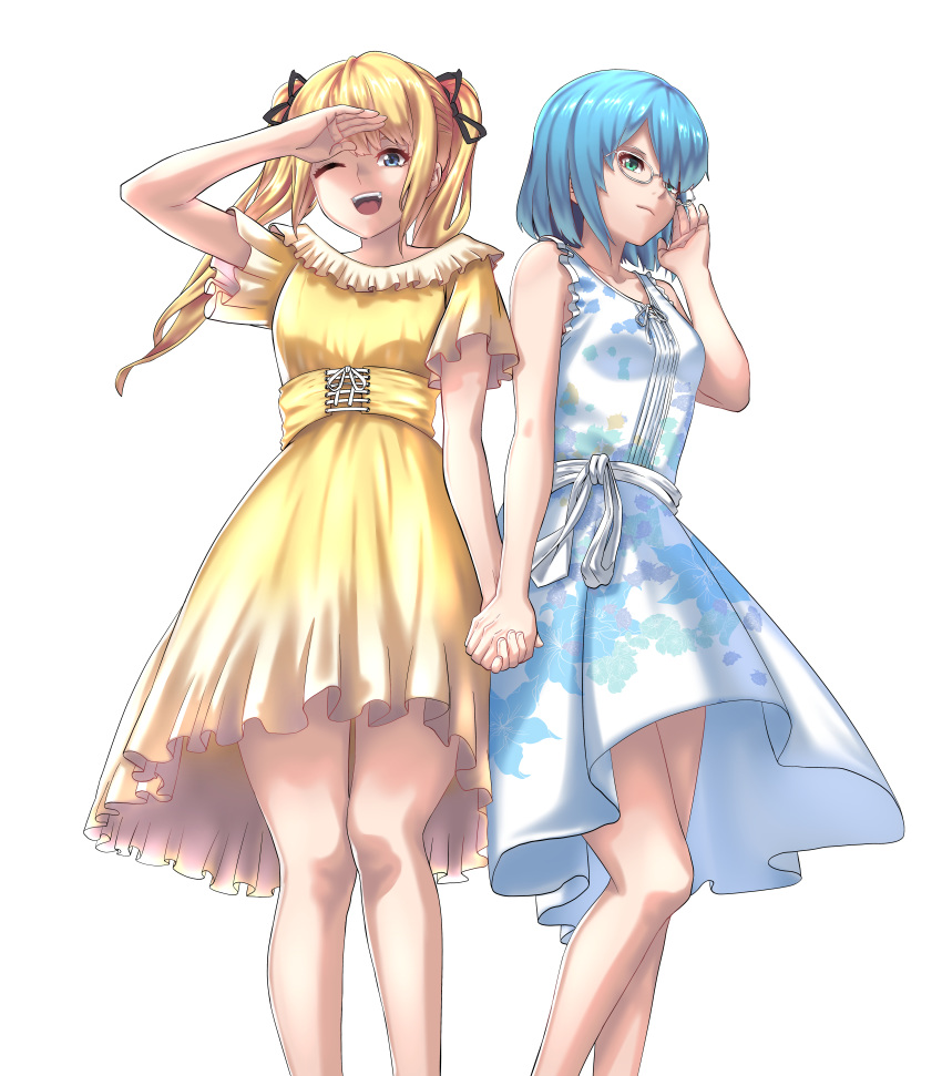 2girls absurdres aqua_eyes blonde_hair blue_dress blue_eyes blue_hair dead_or_alive dead_or_alive_6 dress glasses highres holding_hands huge_filesize long_hair marie_rose multiple_girls nico_(doa) one_eye_closed open_mouth short_hair smile twintails yellow_dress zaino