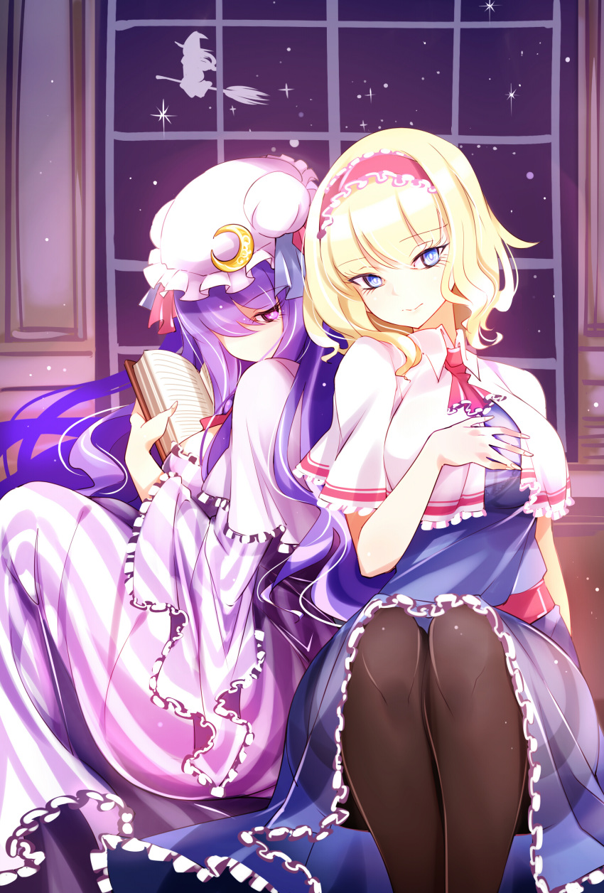 3girls absurdres alice_margatroid bangs black_legwear blonde_hair blue_dress blue_eyes book breasts capelet closed_mouth crescent crescent_moon_pin dress hair_over_one_eye hairband hat highres holding holding_book indoors kirisame_marisa large_breasts long_hair mob_cap multiple_girls night night_sky pantyhose patchouli_knowledge pink_capelet pink_eyes pink_headwear purple_dress purple_hair raptor7 red_hairband sash sitting sky striped striped_dress touhou white_capelet window