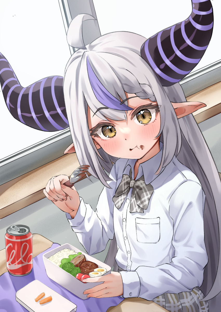 1girl :t ahoge bangs blush can closed_mouth demon_horns egg_(food) eyebrows_visible_through_hair food food_on_face fork hardboiled_egg highres holding holding_fork hololive horns indoors la+_darknesss long_hair long_sleeves looking_at_viewer multicolored_hair plaid plaid_skirt pointy_ears purple_hair shirt silver_hair skirt solo streaked_hair taro._(tataroro_1) very_long_hair virtual_youtuber white_shirt yellow_eyes