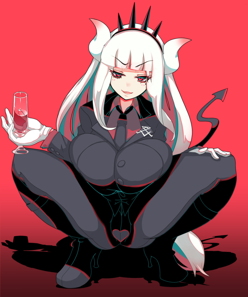 1girl alcohol black_jacket black_neckwear black_pants black_tail breasts business_suit collared_shirt cup demon_girl demon_horns demon_tail drinking_glass formal geb3d1liqqoqlxn gloves hair_ornament helltaker high_heels highres horns huge_breasts jacket large_breasts long_hair long_sleeves looking_to_the_side low-tied_long_hair lucifer_(helltaker) mole mole_under_eye necktie neckwear open_mouth pants red_background red_eyes red_shirt shirt silver_hair sitting solo spread_legs squatting suit tail white_gloves white_hair white_horns wine wine_glass