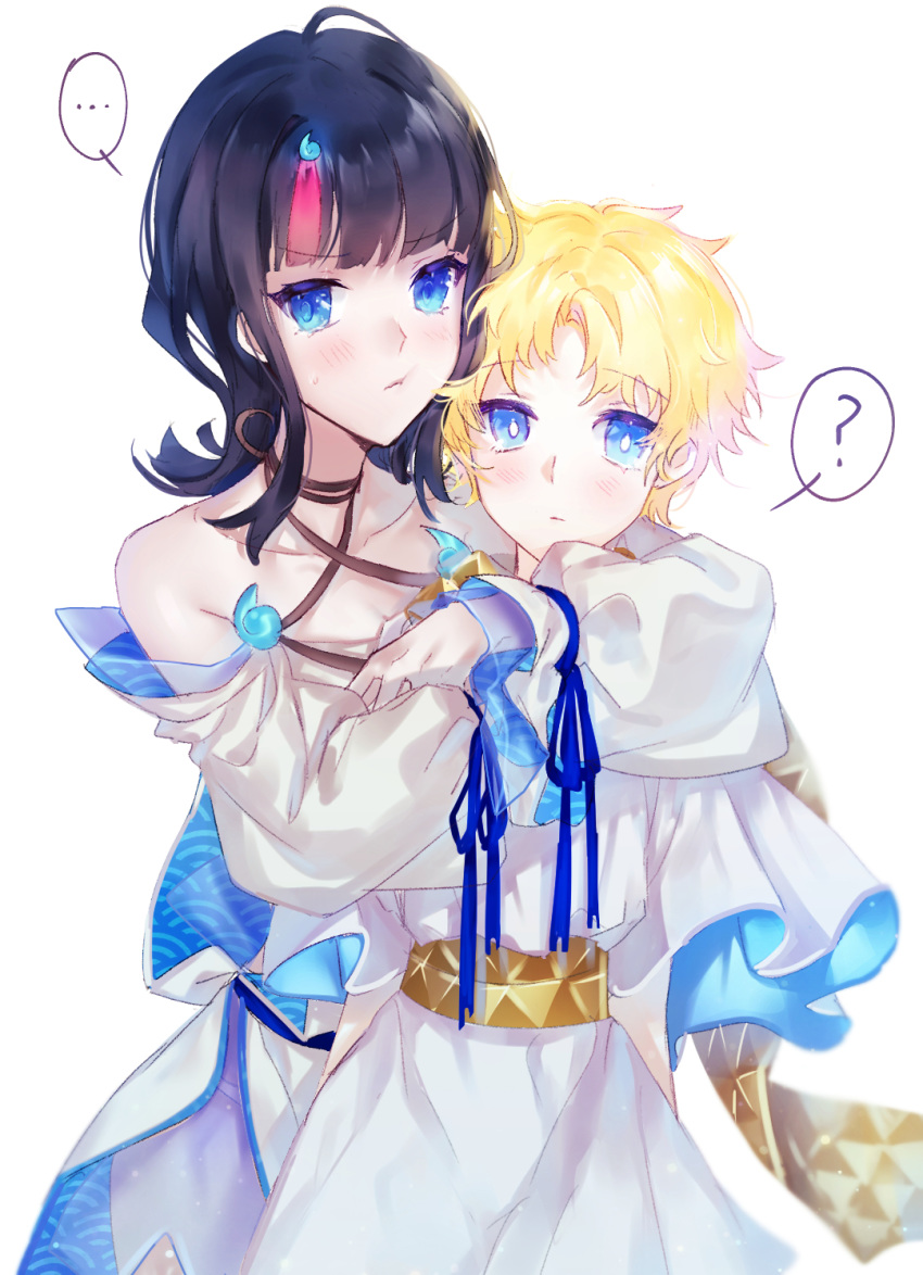 ... 1boy 1girl ? baggy_clothes bangs bare_shoulders black_hair blonde_hair blue_eyes blue_ribbon blush breasts collarbone dress fate/requiem fate_(series) highres hug jewelry large_breasts long_sleeves looking_at_viewer magatama medium_hair multicolored_hair muneomon_(takomon) necklace parted_bangs pink_hair pout puffy_cheeks puffy_long_sleeves puffy_sleeves ribbon scarf shirt short_dress short_hair sidelocks simple_background streaked_hair utsumi_erise voyager_(fate/requiem) white_background white_dress white_shirt yellow_scarf