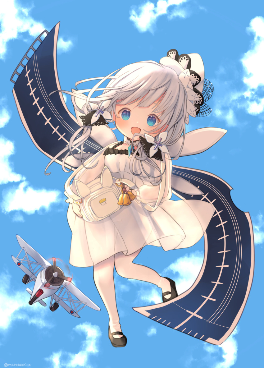 1girl aircraft airplane azur_lane bag bell black_footwear blue_eyes blue_sky blush choker clouds dress eyebrows_visible_through_hair full_body hair_ornament hat highres illustrious_(azur_lane) little_illustrious_(azur_lane) long_hair looking_at_viewer low_twintails open_mouth pantyhose see-through_sleeves shoes silver_hair sky smile twintails umika35 white_dress white_hair white_headwear white_legwear younger