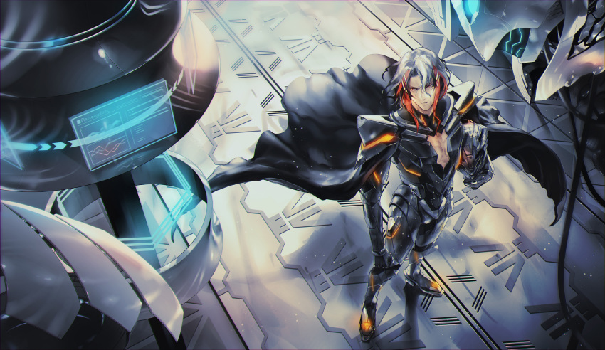 1boy armor bangs black_armor black_cape body_armor cape cleavage_cutout closed_mouth computer fate/grand_order fate_(series) full_body gloves glowing glowing_armor glowing_eyes hair_between_eyes highres holding holding_mask long_sleeves looking_to_the_side machinery male_focus mask mask_removed monitor multicolored_hair odysseus_(fate/grand_order) redhead robot screen_light semi_finalfight solo streaked_hair two-tone_hair white_hair wire yellow_eyes