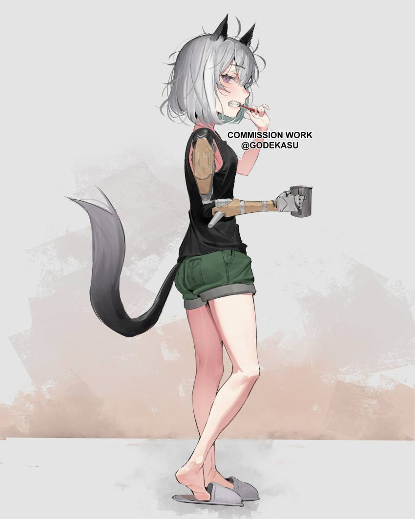 1girl animal_ears black_shirt brushing_teeth commentary commission cup english_commentary from_side full_body godekasu green_shorts grey_footwear grey_hair highres holding looking_at_viewer looking_to_the_side mechanical_arm mug original shirt short_hair shorts sleeveless sleeveless_shirt slippers solo standing tail toothbrush twitter_username violet_eyes