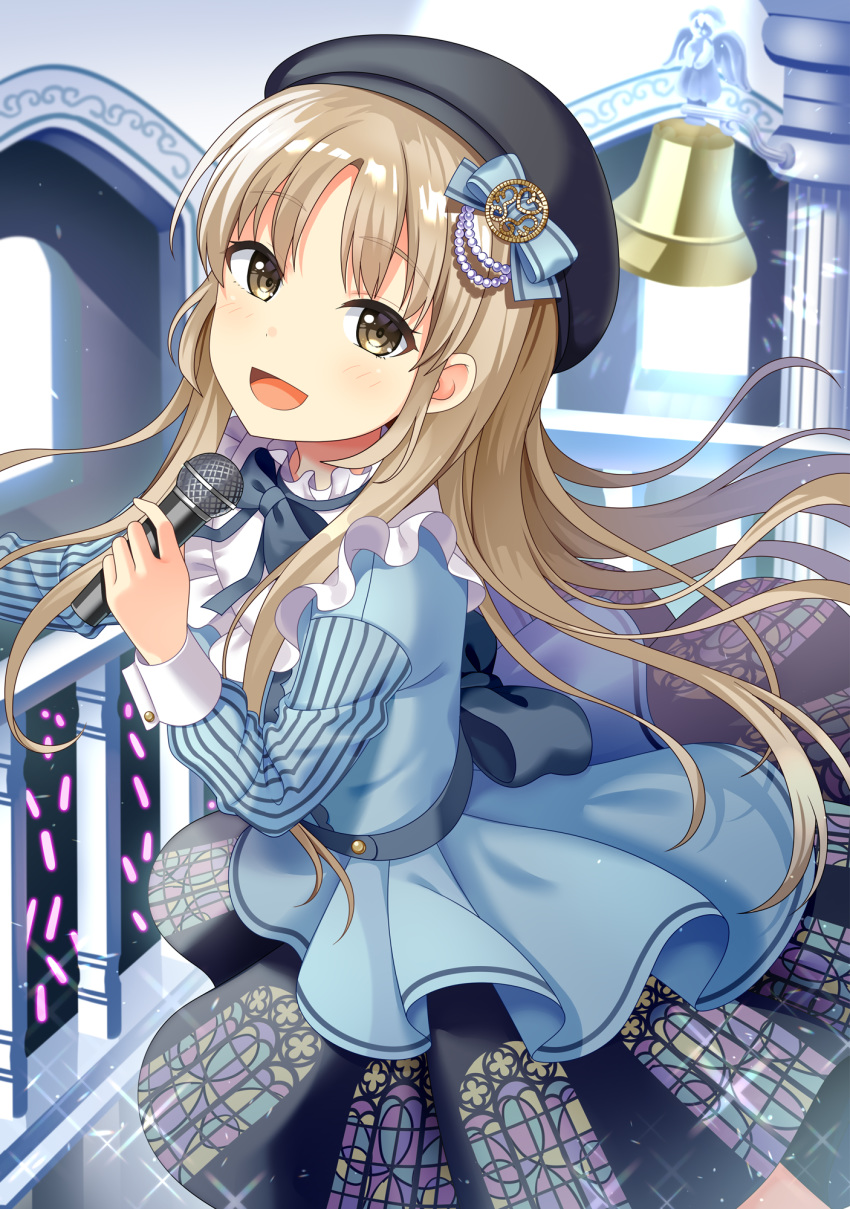 1girl :d bangs bell beret black_bow black_headwear black_skirt blue_bow blue_shirt blush bow brown_eyes church_bell concert glowstick hair_bow hat highres holding holding_microphone idol idol_clothes light_brown_hair long_hair long_sleeves looking_at_viewer microphone music nijisanji open_mouth parted_bangs pleated_skirt railing shirt singing sister_cleaire skirt smile solo stage striped striped_bow very_long_hair virtual_youtuber yuusa