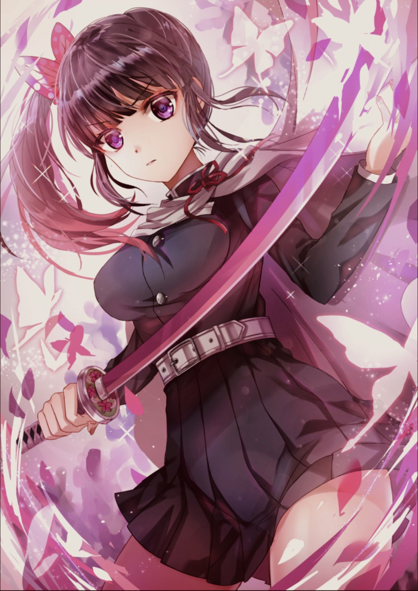 1girl bangs belt belt_buckle black_hair black_jacket black_skirt buckle butterfly_hair_ornament closed_mouth cowboy_shot eyebrows_visible_through_hair floating_hair gradient_hair grey_belt grey_capelet hair_ornament highres holding holding_sword holding_weapon jacket katana kebaboishii kimetsu_no_yaiba long_hair long_sleeves looking_at_viewer miniskirt multicolored_hair pleated_skirt red_ribbon redhead ribbon shiny shiny_hair skirt solo standing sword tsuyuri_kanao violet_eyes weapon