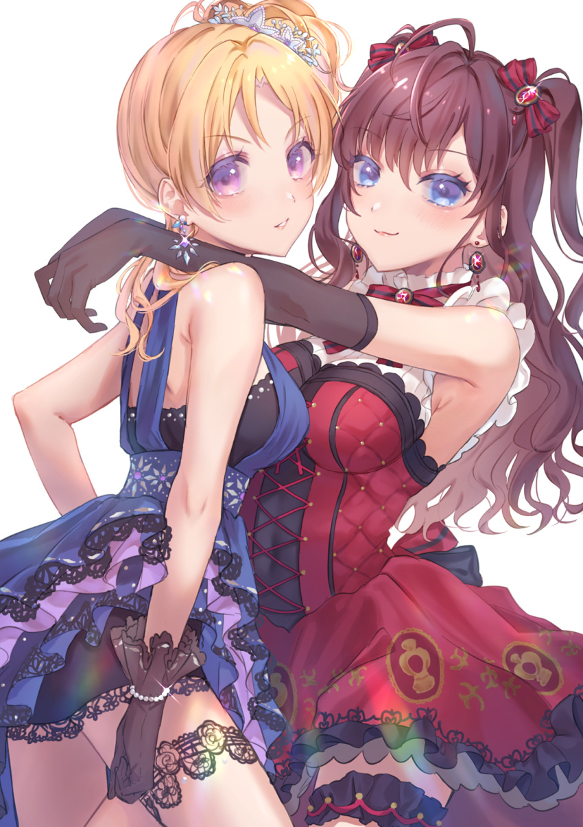 2girls :3 anoa black_gloves blonde_hair blue_dress blue_eyes blush brown_hair commentary_request dress earrings elbow_gloves frilled_dress frills gloves hair_ornament hair_ribbon highres hug ichinose_shiki idolmaster idolmaster_cinderella_girls idolmaster_cinderella_girls_starlight_stage jewelry kiryuu_tsukasa_(idolmaster) leg_garter long_hair looking_at_viewer multiple_girls red_dress red_ribbon ribbon short_dress side_ponytail simple_background sleeveless sleeveless_dress two_side_up violet_eyes white_background