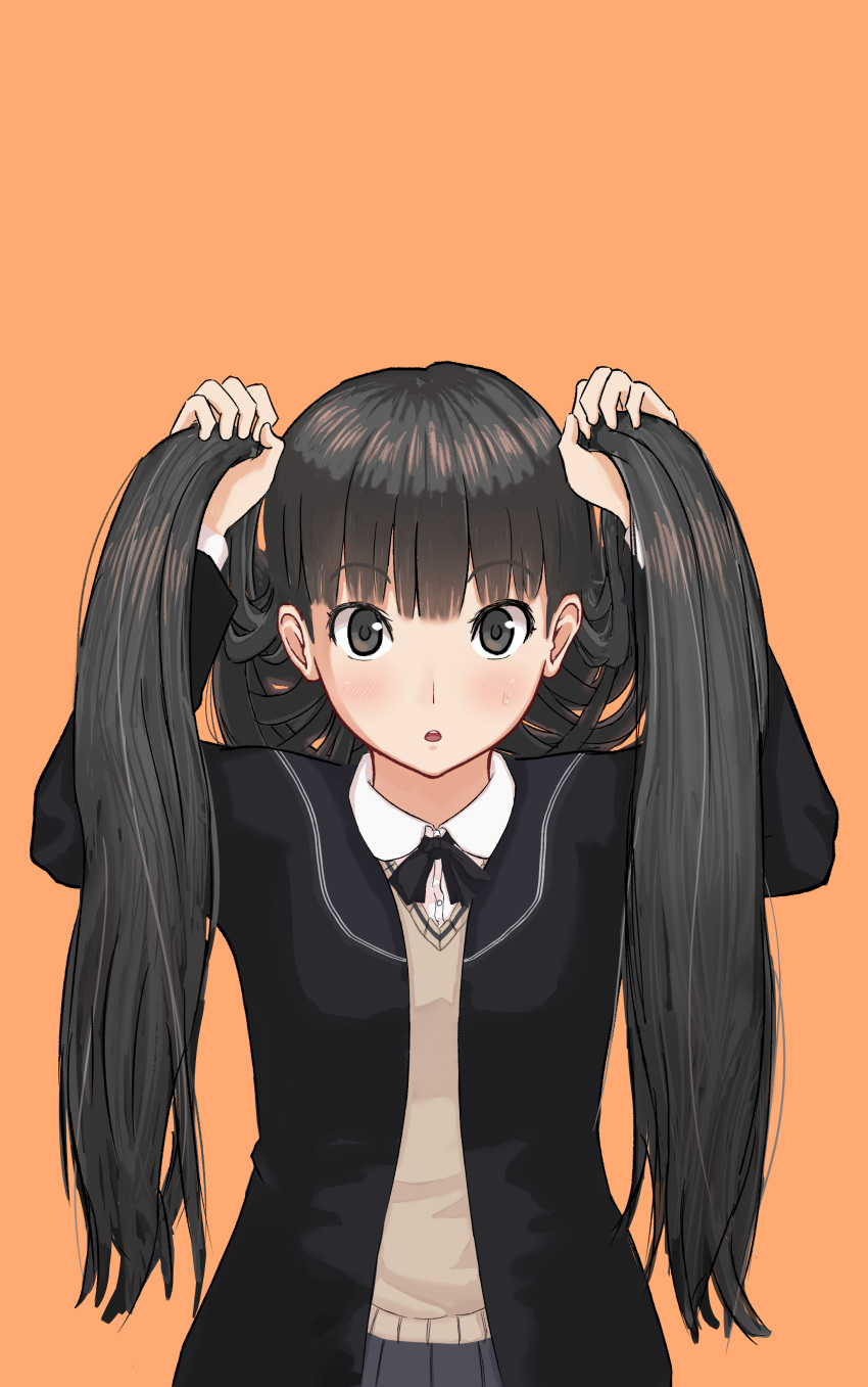 1girl absurdres alternate_hairstyle amagami ayatsuji_tsukasa bangs black_eyes black_hair black_jacket black_neckwear black_sailor_collar blunt_bangs collared_shirt dress_shirt eyebrows_visible_through_hair gorirakarasu grey_skirt grey_sweater highres holding holding_hair jacket long_hair long_sleeves looking_at_viewer miniskirt open_clothes open_jacket open_mouth orange_background pleated_skirt sailor_collar school_uniform shiny shiny_hair shirt simple_background skirt solo standing sweater twintails upper_body very_long_hair white_shirt wing_collar