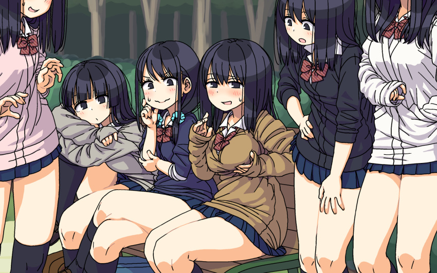 6+girls arm_rest bench black_eyes black_hair black_legwear blush cardigan commentary crossed_legs groping hand_in_pocket highres kneehighs leg_up looking_at_viewer maruput miniskirt multiple_girls original outdoors school_uniform scrunchie sitting skirt sleeves_past_wrists sweatdrop thick_thighs thighs twintails wavy_mouth