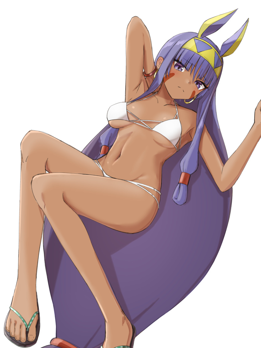 1girl animal_ears arm_behind_head arm_up bangs bare_shoulders bikini blush breasts closed_mouth dark_skin earrings egyptian elfenlied22 facepaint facial_mark fate/grand_order fate_(series) hair_tubes highres hoop_earrings jackal_ears jewelry legs long_hair low-tied_long_hair medium_breasts navel nitocris_(fate/grand_order) purple_hair sandals sidelocks swimsuit very_long_hair violet_eyes white_bikini