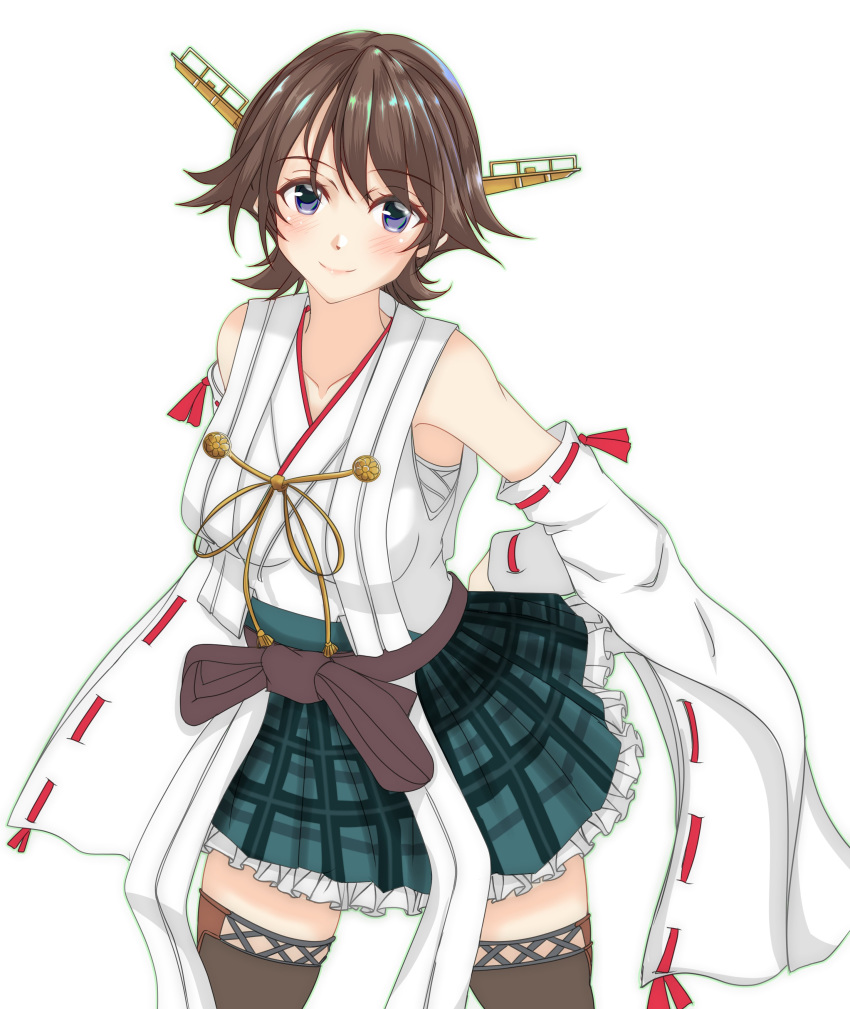 1girl absurdres boots brown_hair commentary_request cowboy_shot detached_sleeves flipped_hair green_skirt grey_eyes hairband headgear hiei_(kantai_collection) highres kantai_collection looking_at_viewer nitamago_(sakamalh) plaid plaid_skirt ribbon-trimmed_sleeves ribbon_trim short_hair simple_background skirt smile solo thigh-highs thigh_boots white_background