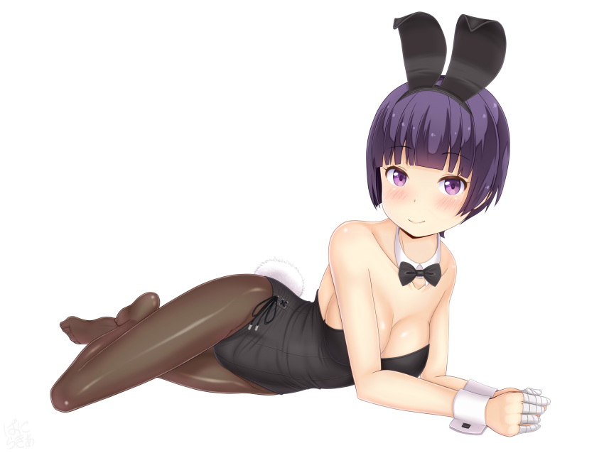 1girl absurdres animal_ears black_eyes black_legwear black_leotard black_neckwear bow bowtie bunny_girl bunny_tail bunnysuit detached_collar eromanga_sensei highres leotard looking_at_viewer lying on_side pantyhose rabbit_ears sainohikari senju_muramasa short_hair simple_background smile solo strapless strapless_leotard tail violet_eyes white_background wrist_cuffs