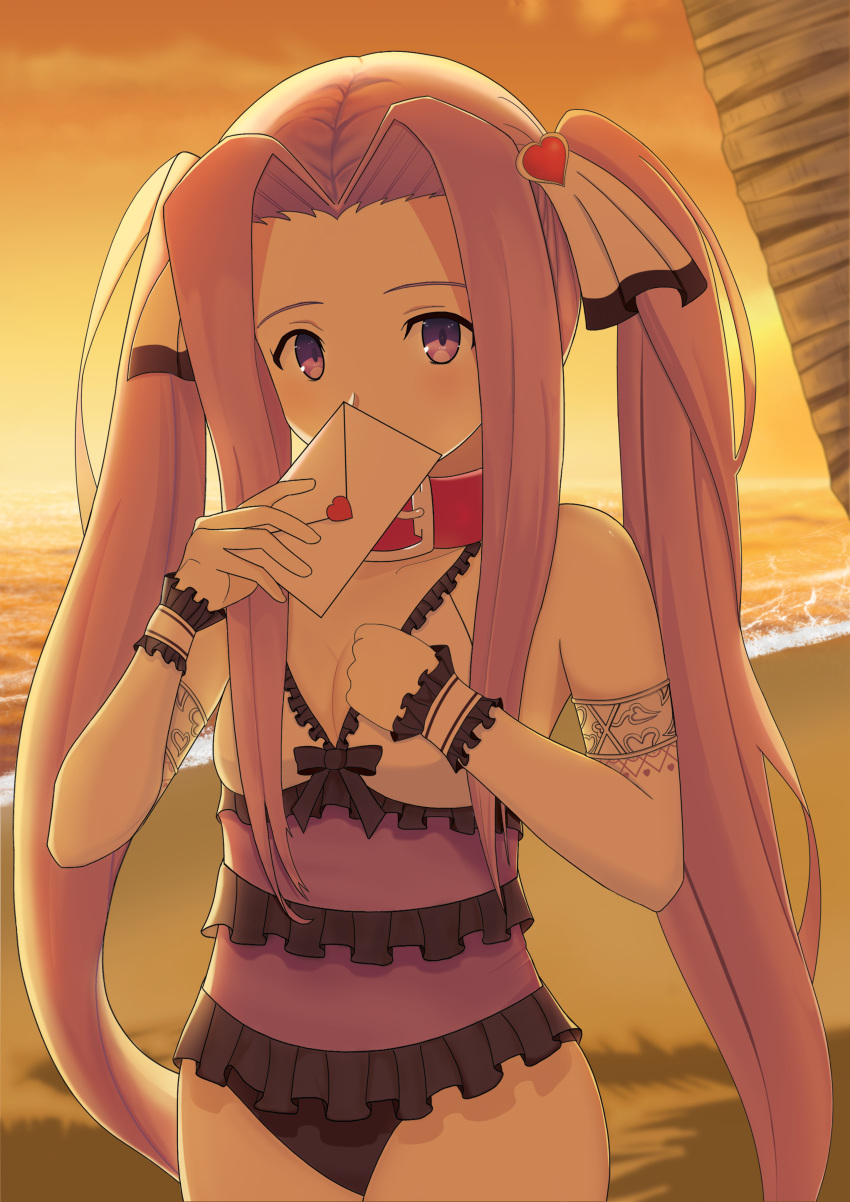 1girl absurdres armlet artist_request backlighting bangs bare_shoulders beach blush breasts collar envelope fate/grand_order fate_(series) forehead frilled_swimsuit frills highres holding_envelope long_hair looking_at_viewer love_letter medusa_(lancer)_(fate) one-piece_swimsuit orange_sky parted_bangs purple_hair purple_swimsuit rider sidelocks sky small_breasts sunset swimsuit thighs twilight twintails very_long_hair violet_eyes wrist_cuffs
