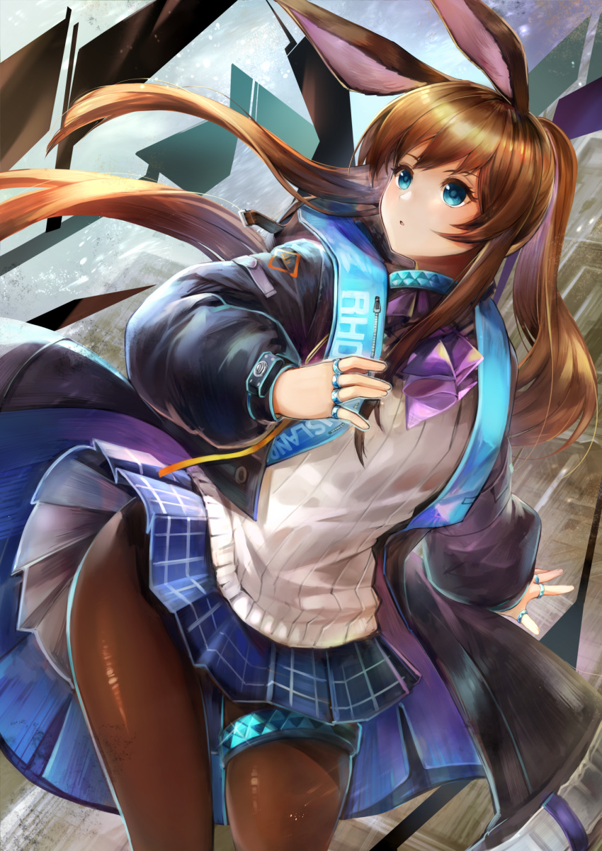 1girl amiya_(arknights) animal_ears arknights ascot bangs black_jacket blue_eyes blue_skirt brown_hair brown_legwear commentary_request eyebrows_visible_through_hair highres jacket jewelry long_hair long_sleeves looking_away looking_to_the_side netamaru open_clothes open_jacket pantyhose parted_lips pleated_skirt ponytail puffy_long_sleeves puffy_sleeves purple_neckwear rabbit_ears ribbed_shirt ring shirt skirt sleeves_past_wrists solo very_long_hair white_shirt