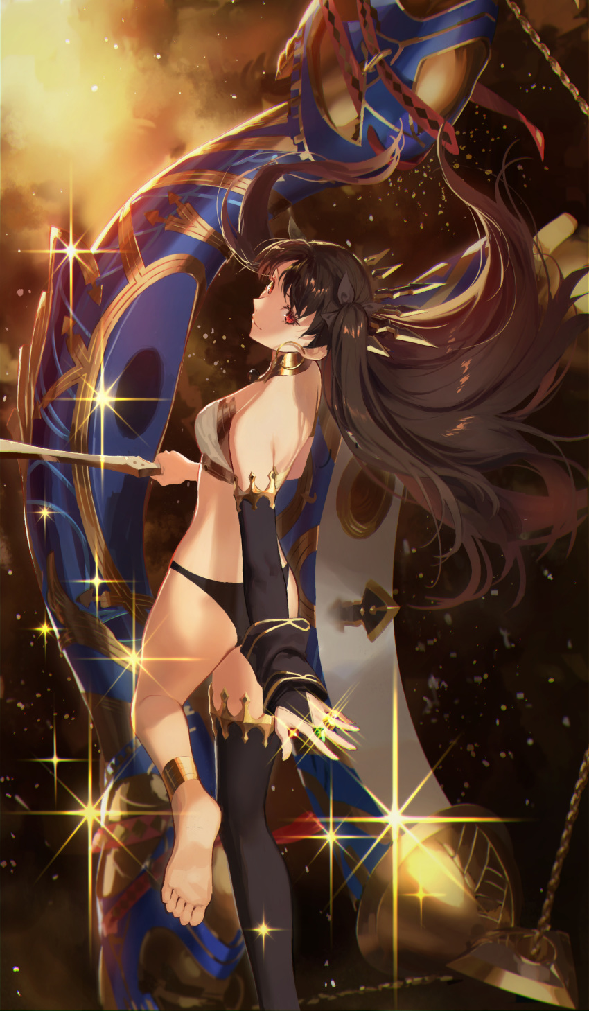 1girl absurdres anklet armlet ass asymmetrical_legwear asymmetrical_sleeves back bangs bare_shoulders black_hair breasts bridal_gauntlets detached_sleeves earrings fate/grand_order fate_(series) gold_trim heavenly_boat_maanna highres hoop_earrings ishtar_(fate)_(all) ishtar_(fate/grand_order) jewelry legs long_hair looking_at_viewer medium_breasts neck_ring parted_bangs red_eyes single_detached_sleeve single_thighhigh sparkle thigh-highs tiara two_side_up weapon zonotaida