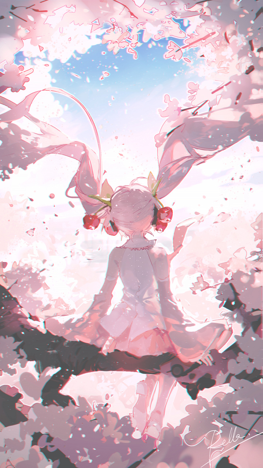 1girl arm_support backlighting bare_shoulders branch cherry_blossoms cherry_hair_ornament dappled_sunlight day detached_sleeves falling_petals food_themed_hair_ornament from_behind full_body hair_ornament hatsune_miku headphones high_heels highres in_tree long_hair outdoors petals pink_hair pink_legwear pink_skirt pink_sleeves rella sakura_miku shirt signature sitting sitting_in_tree sitting_on_branch skirt sleeveless sleeveless_shirt solo sunlight tree twintails very_long_hair vocaloid white_shirt