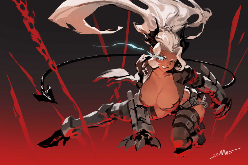 1girl absurdres breasts dark_skin demon_girl demon_tail gauntlets greaves helltaker high_heels highres horns judgement_(helltaker) kneeling large_breasts long_hair ponytail solo tail very_long_hair white_hair zhoumo_fangjia