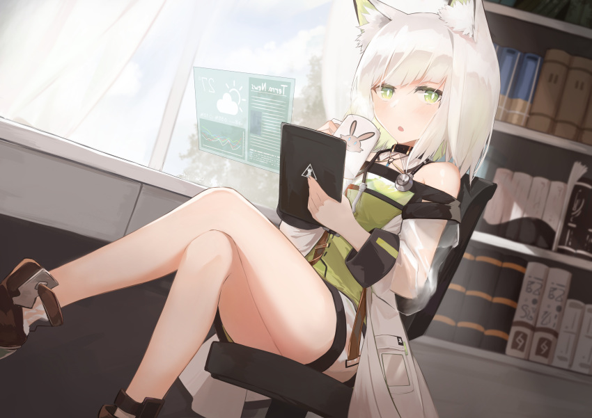 1girl absurdres animal_ear_fluff animal_ears arknights bare_legs black_choker blush bookshelf boots breasts brown_footwear cat_ears choker coat commentary crossed_legs curtains day dress green_dress green_eyes highres hologram indoors kal'tsit_(arknights) kashiyarrm labcoat looking_at_viewer off_shoulder open_clothes open_coat open_mouth rhodes_island_logo short_dress short_hair short_shorts shorts silver_hair sitting small_breasts solo stethoscope strap sunlight swivel_chair tablet_pc thighs white_coat white_shorts window