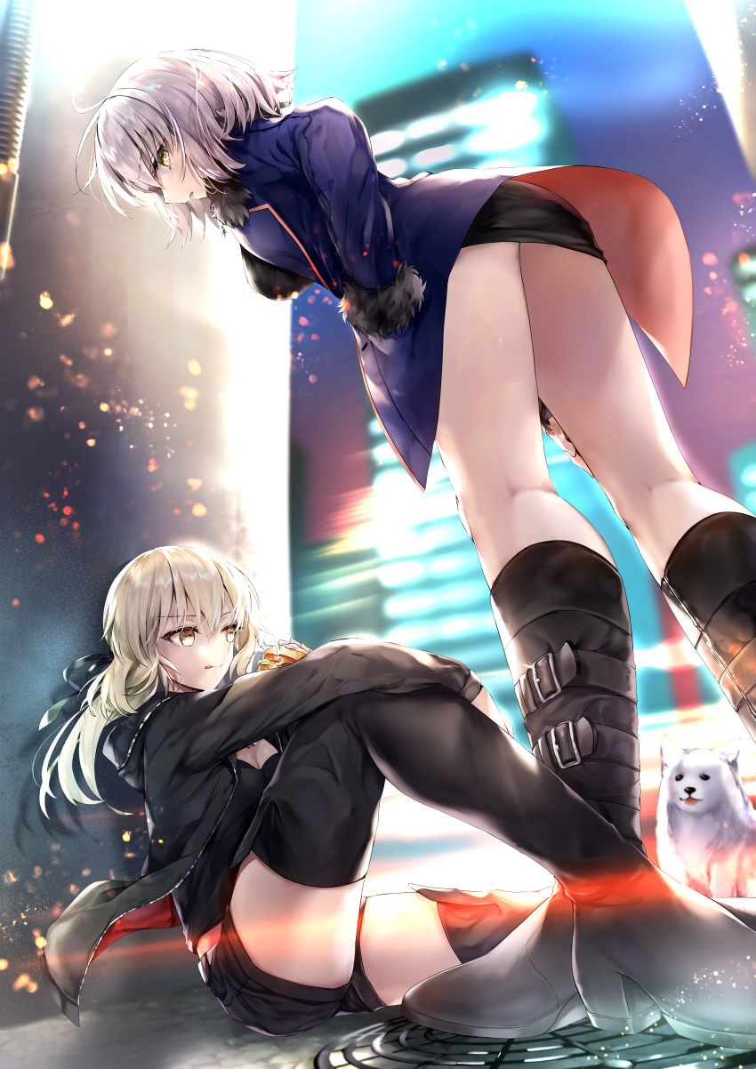 2girls absurdres ahoge artoria_pendragon_(all) ass back bangs black_dress black_footwear black_jacket blue_coat blush boots breasts cavall_the_2nd cityscape coat dog dress eating fate/grand_order fate/stay_night fate_(series) food fur-trimmed_coat fur_trim hamburger hane_yuki highres hood hooded_jacket huge_filesize jacket jeanne_d'arc_(alter)_(fate) jeanne_d'arc_(fate)_(all) jet_black_king_of_knights_ver._shinjuku_1999 knee_boots large_breasts legs long_hair long_sleeves multiple_girls open_clothes open_coat open_jacket ponytail saber_alter short_dress silver_hair sitting thigh-highs thigh_boots wicked_dragon_witch_ver._shinjuku_1999 yellow_eyes