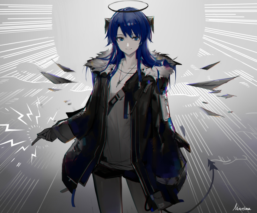 1girl arknights bangs black_jacket black_shorts blue_eyes blue_hair character_name chinese_commentary commentary_request cowboy_shot fur-trimmed_jacket fur_trim grey_background halo horns huanxiang_heitu jacket jewelry long_hair long_sleeves looking_at_viewer mostima_(arknights) pendant shirt short_shorts shorts smile solo standing white_shirt
