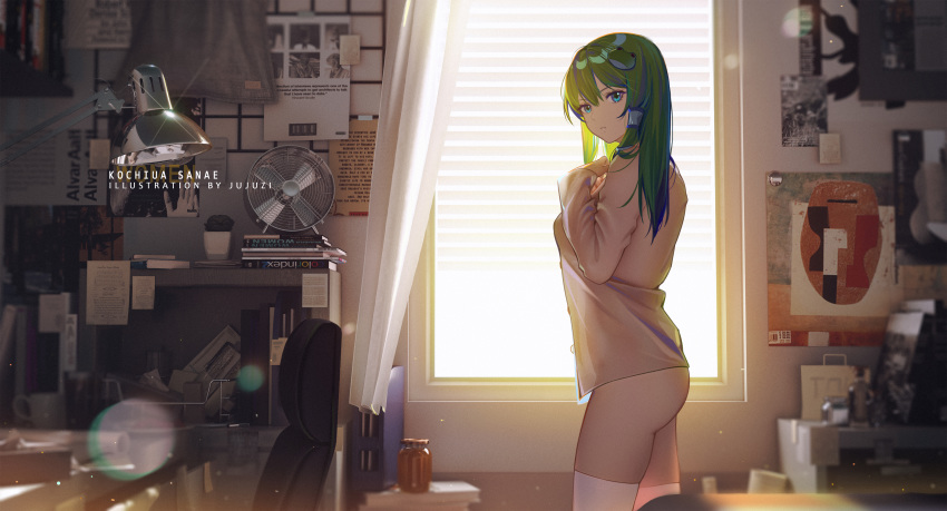 1girl absurdres alternate_costume aqua_eyes artist_name backlighting bangs book_stack breasts chair character_name day desk_lamp frog_hair_ornament from_side glint green_hair grey_shirt hair_ornament hair_tubes hand_on_own_chest highres indoors jar kochiya_sanae lamp lens_flare long_hair long_sleeves looking_at_viewer looking_to_the_side medium_breasts naked_shirt no_panties note open_clothes open_shirt paper parted_lips plant poster_(object) potted_plant see-through see-through_silhouette shirt solo sunlight table thigh-highs touhou white_legwear window xtears_kitsune