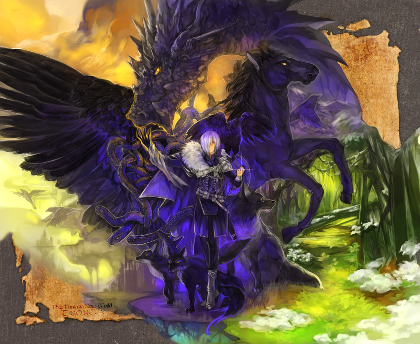 1boy asymmetrical_clothes belt bird commentary_request dragon fantasy feathered_wings forest fox fur_trim hair_over_one_eye highres hooves horse jewelry kalevala kouno_hitaki map nature original pixiv_fantasia pixiv_fantasia_new_world purple_hair raven_(animal) ring scales slit_pupils snake snow tail wings wolf yellow_eyes