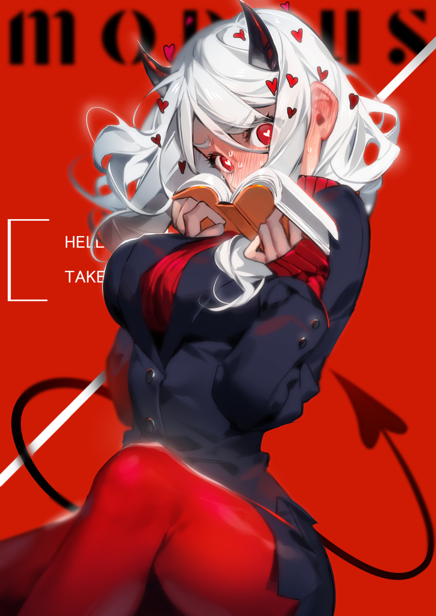 1girl absurdres black_horns black_suit blush breasts demon_girl demon_horns demon_tail heart heart-shaped_pupils helltaker highres horns large_breasts long_sleeves looking_at_viewer modeus_(helltaker) red_eyes red_sweater shirt short_hair sleeves_past_wrists solo sweater symbol-shaped_pupils tail tefco turtleneck white_hair