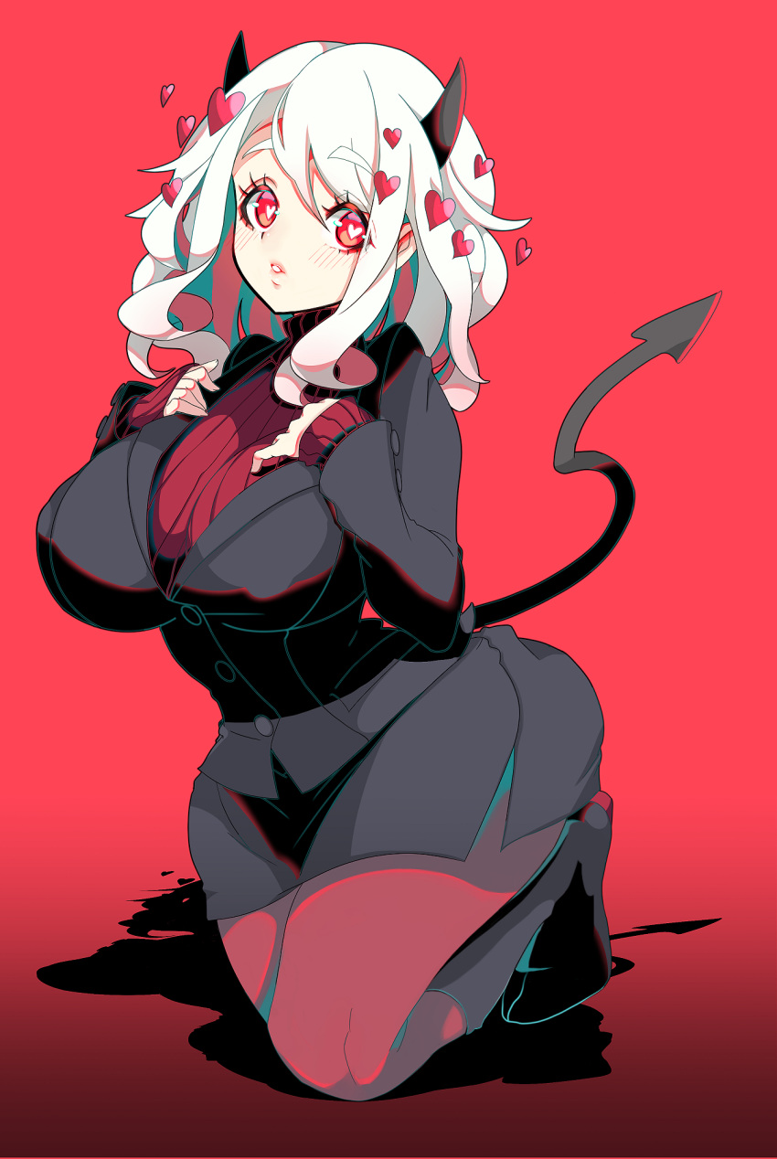 1girl black_horns black_jacket black_suit black_tail blush breasts business_suit closed_mouth curly_hair demon_girl demon_horns demon_tail formal full_body geb3d1liqqoqlxn heart heart-shaped_pupils helltaker highres horns huge_breasts jacket kneeling large_breasts looking_at_viewer medium_hair modeus_(helltaker) red_background red_eyes red_legwear red_sweater ribbed_shirt shirt short_hair simple_background solo suit sweater symbol-shaped_pupils tail tail_raised turtleneck white_hair