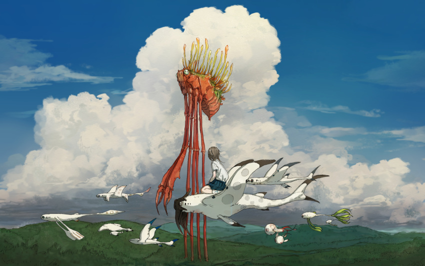 1girl blue_skirt brown_hair clouds commentary_request crab creature day facing_away fantasy flying highres hill long_hair original outdoors pleated_skirt riding seiza shirt short_sleeves sitting skirt socks solo white_legwear white_shirt wide_shot yushika