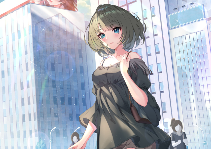 3girls artist_self-reference bag bangs black_shirt blue_eyes blush brown_hair brown_shorts building collarbone commentary_request eyebrows_visible_through_hair faceless faceless_female green_hair hand_up handbag ichinose_shiki idolmaster idolmaster_cinderella_girls idolmaster_cinderella_girls_starlight_stage long_sleeves looking_at_viewer mole mole_under_eye multiple_girls off-shoulder_shirt off_shoulder parted_lips ponytail shirt short_hair short_shorts shorts shoulder_bag sutoroa takagaki_kaede wide_sleeves