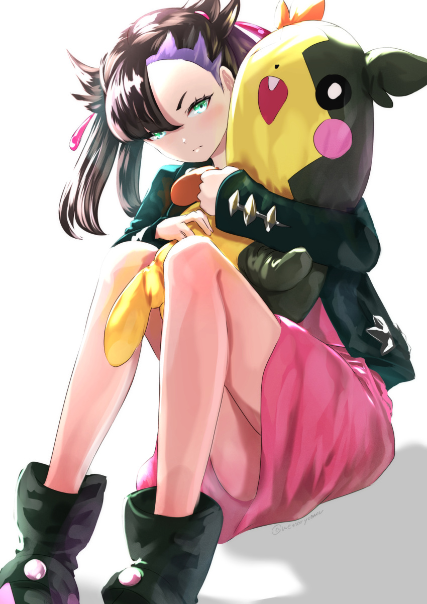 1girl aqua_eyes artist_name asymmetrical_bangs bangs black_choker black_hair black_jacket blush breasts choker commentary_request dress earrings frown gen_8_pokemon hair_ribbon highres holding_stuffed_toy jacket jewelry long_hair long_sleeves looking_at_viewer mary_(pokemon) morpeko object_hug open_clothes pink_dress pokemon pokemon_(game) pokemon_swsh red_ribbon ribbon shadow simple_background solo stuffed_toy twintails uenoryoma white_background