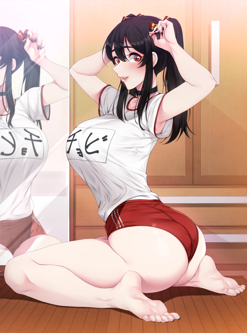 1girl akchu armpits arms_up bangs barefoot black_hair breasts brown_eyes buruma closet commentary feet gym_shirt gym_uniform hair_between_eyes hair_ribbon highres large_breasts long_hair looking_at_viewer mirror original parted_lips pink_lips red_shorts reflection ribbon shirt short_shorts short_sleeves shorts sitting t-shirt translated twintails twisted_torso underwear wariza white_shirt wooden_floor