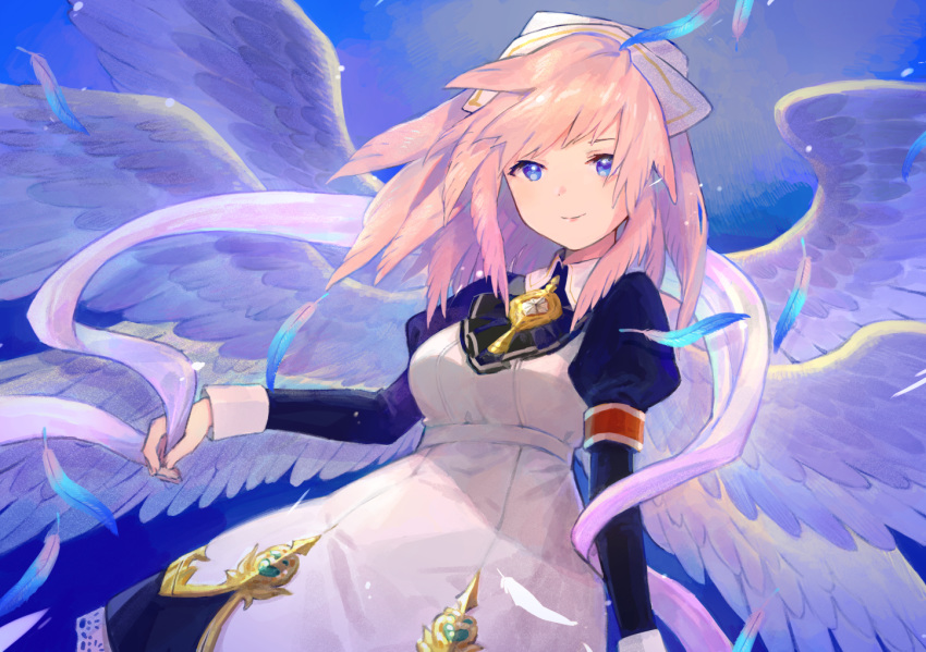 1girl black_dress black_neckwear blue_eyes blue_feathers breasts closed_mouth collared_dress commentary_request dress feathered_wings feathers gabriel_(granblue_fantasy) granblue_fantasy hagoromo holding juliet_sleeves karamomo long_hair long_sleeves medium_breasts multiple_wings pink_hair puffy_sleeves shawl smile solo white_wings wings