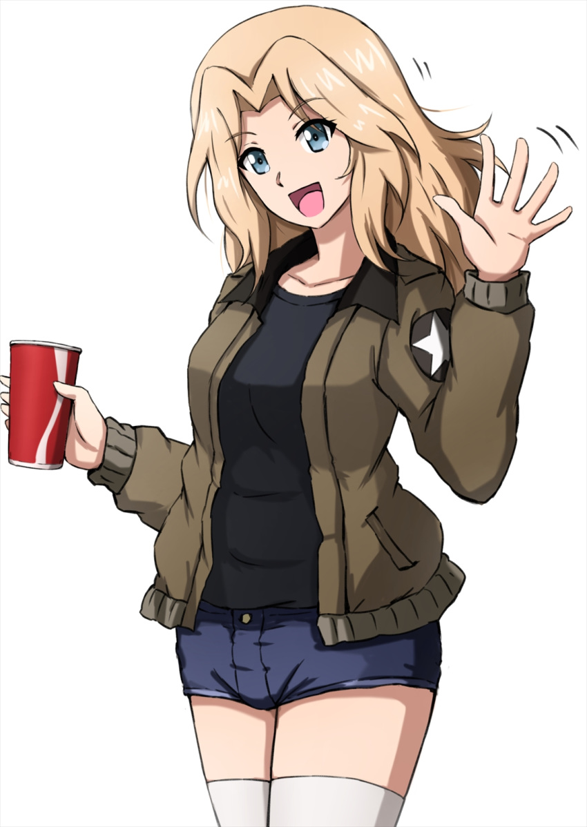 1girl :d black_shirt blonde_hair blue_eyes blue_shorts brown_jacket commentary cowboy_shot cup denim denim_shorts disposable_cup emblem eyebrows_visible_through_hair girls_und_panzer hair_intakes highres holding holding_cup jacket kay_(girls_und_panzer) long_hair long_sleeves looking_at_viewer micro_shorts military military_uniform motion_lines omachi_(slabco) open_clothes open_jacket open_mouth saunders_military_uniform shirt shorts smile solo standing star_(symbol) thigh-highs uniform waving white_legwear