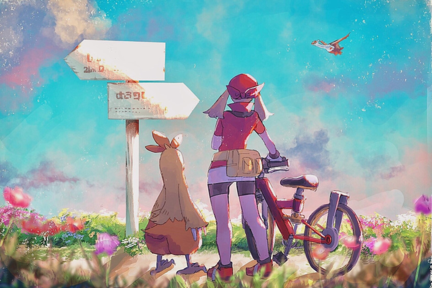 1girl bandana bicycle bike_shorts black_shorts blue_sky brown_hair clouds cloudy_sky combusken commentary_request day dirt_road flower flying gen_3_pokemon ground_vehicle haruka_(pokemon) highres kanji latias legendary_pokemon looking_away mu_acrt outdoors path pokemon pokemon_(game) pokemon_rse red_footwear red_shirt road shirt shoes shorts sign signpost sky star_(sky) starry_sky twintails