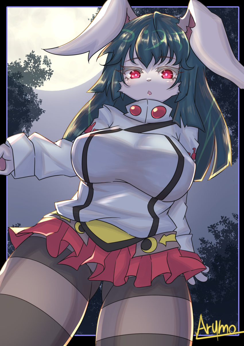 1girl absurdres animal_ears animal_nose bangs black_legwear blush breasts bunny_girl commentary cowboy_shot eyebrows_visible_through_hair from_below full_moon furry green_hair highres large_breasts long_hair microskirt moon open_mouth original pawpads pleated_skirt rabbit rabbit_ears red_eyes red_skirt ryuusui_arumo skirt solo thigh-highs white_fur zettai_ryouiki