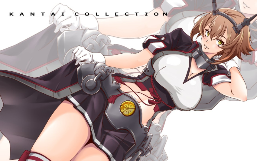 1girl breasts brown_hair copyright_name cowboy_shot cropped_jacket flipped_hair gloves hairband head_tilt headgear kantai_collection kiriki_haruomi large_breasts looking_at_viewer midriff miniskirt mutsu_(kantai_collection) radio_antenna red_legwear remodel_(kantai_collection) short_hair simple_background skirt solo standing thigh-highs white_background white_gloves yellow_eyes zoom_layer
