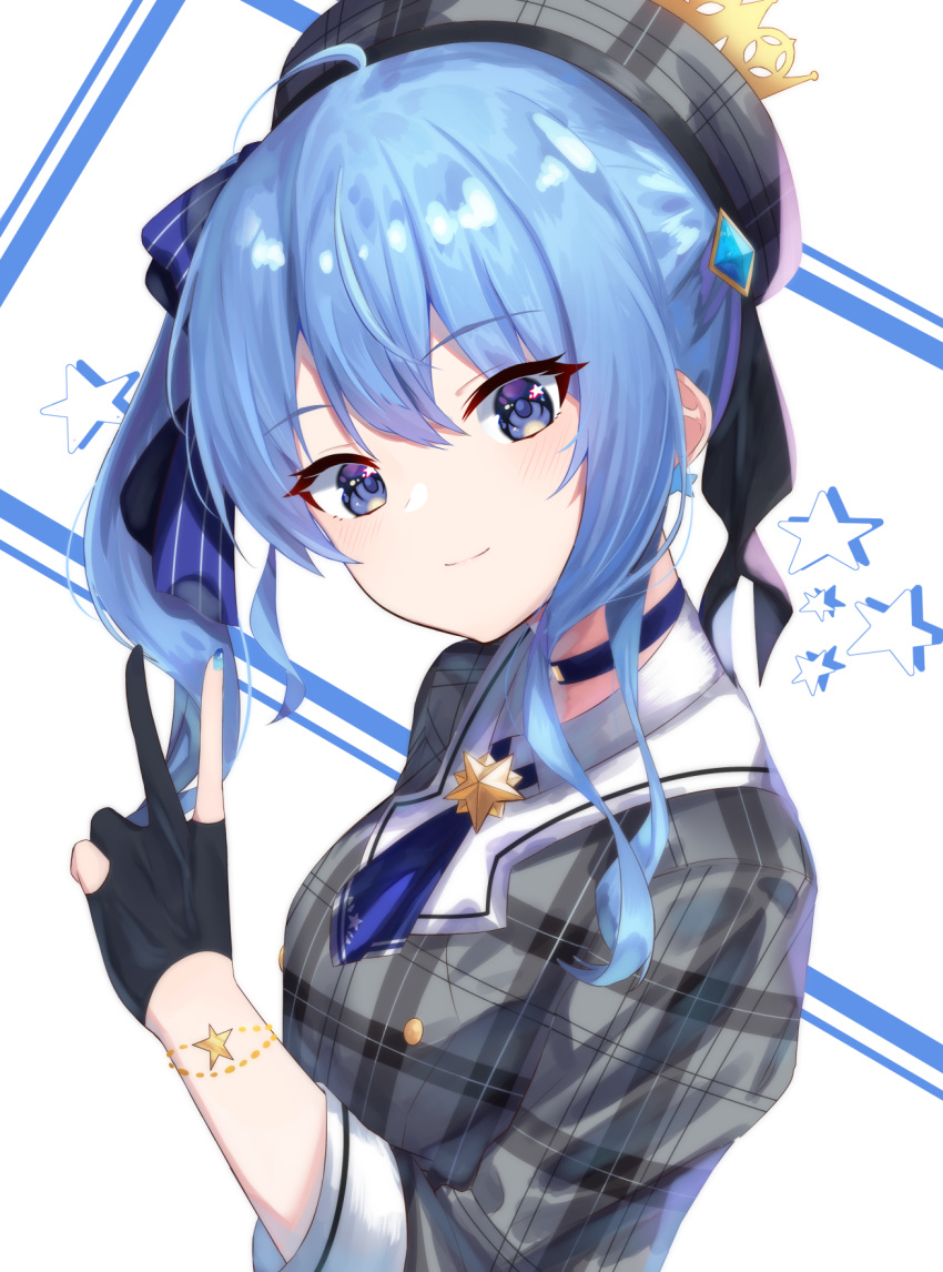 1girl ahoge bangs beret black_gloves blue_bow blue_choker blue_eyes blue_hair blue_nails blue_neckwear blush bow breasts choker closed_mouth collared_shirt eyebrows_visible_through_hair gloves grey_headwear grey_jacket hair_between_eyes hair_bow hat highres hololive hoshimachi_suisei jacket kuki_panda_(wkdwnsgk13) long_hair long_sleeves looking_at_viewer nail_polish partly_fingerless_gloves plaid_hat plaid_jacket shirt side_ponytail sidelocks small_breasts smile solo starry_background striped striped_bow upper_body virtual_youtuber white_background white_shirt