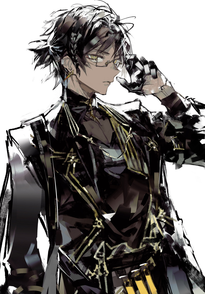 1boy arknights bespectacled black_gloves black_hair black_jacket black_shirt braid brooch closed_mouth dark-skinned_male dark_skin detached_collar earrings glasses gloves gold_trim half_gloves highres jacket jewelry long_sleeves looking_at_viewer male_focus remsrar shirt short_ponytail solo thorns_(arknights) upper_body wing_collar yellow_eyes